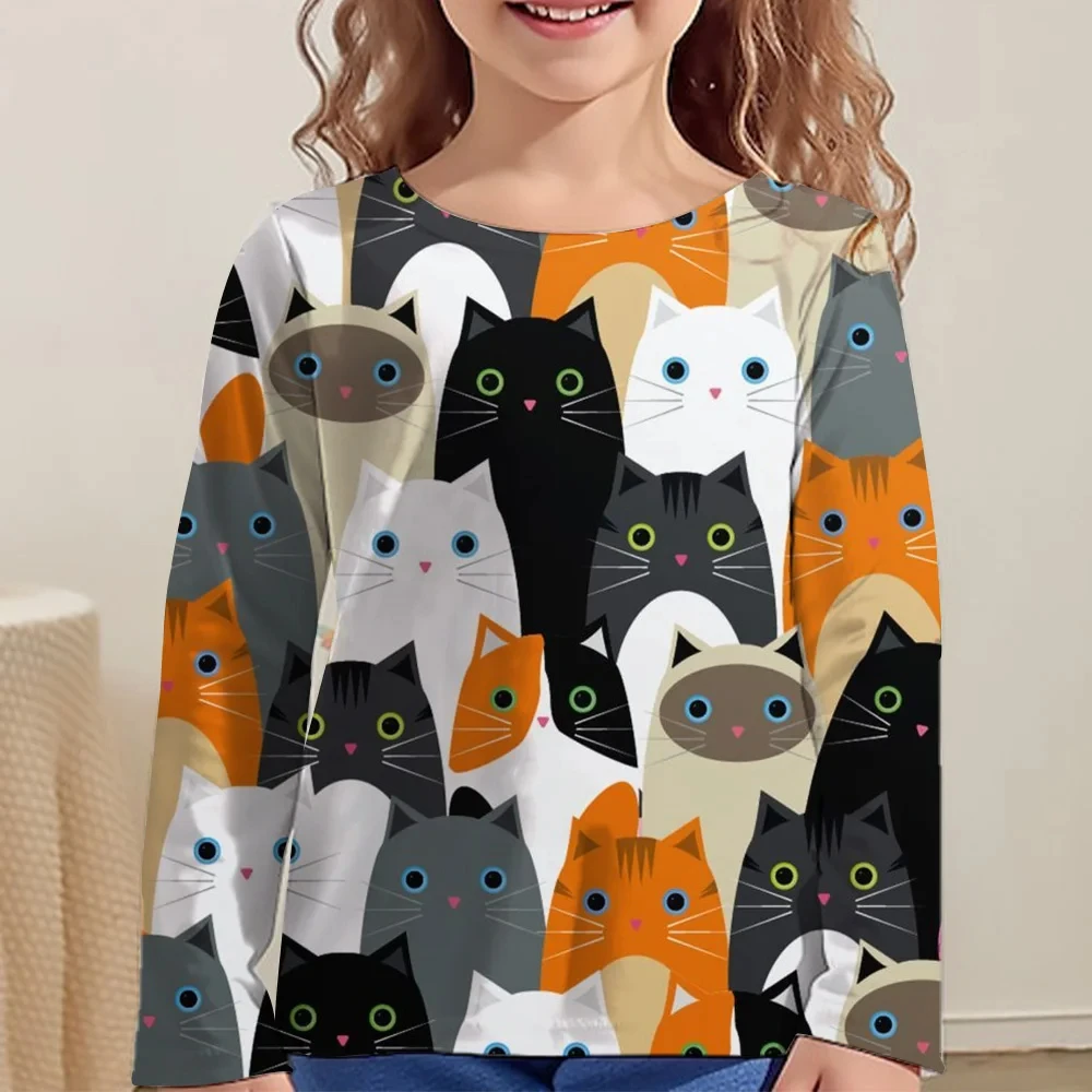 Girl Clothes Girl T-Shirt Kawail Animals Cats Print Long Sleeve Kids Autumn Clothes Fashion Casual Boy Girl Cute Round Neck Tops