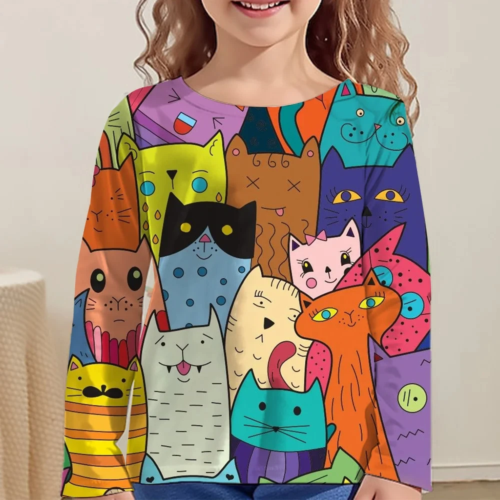 Girl Clothes Girl T-Shirt Kawail Animals Cats Print Long Sleeve Kids Autumn Clothes Fashion Casual Boy Girl Cute Round Neck Tops