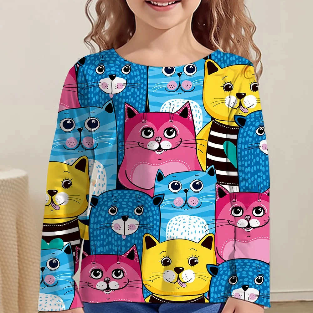 Girl Clothes Girl T-Shirt Kawail Animals Cats Print Long Sleeve Kids Autumn Clothes Fashion Casual Boy Girl Cute Round Neck Tops