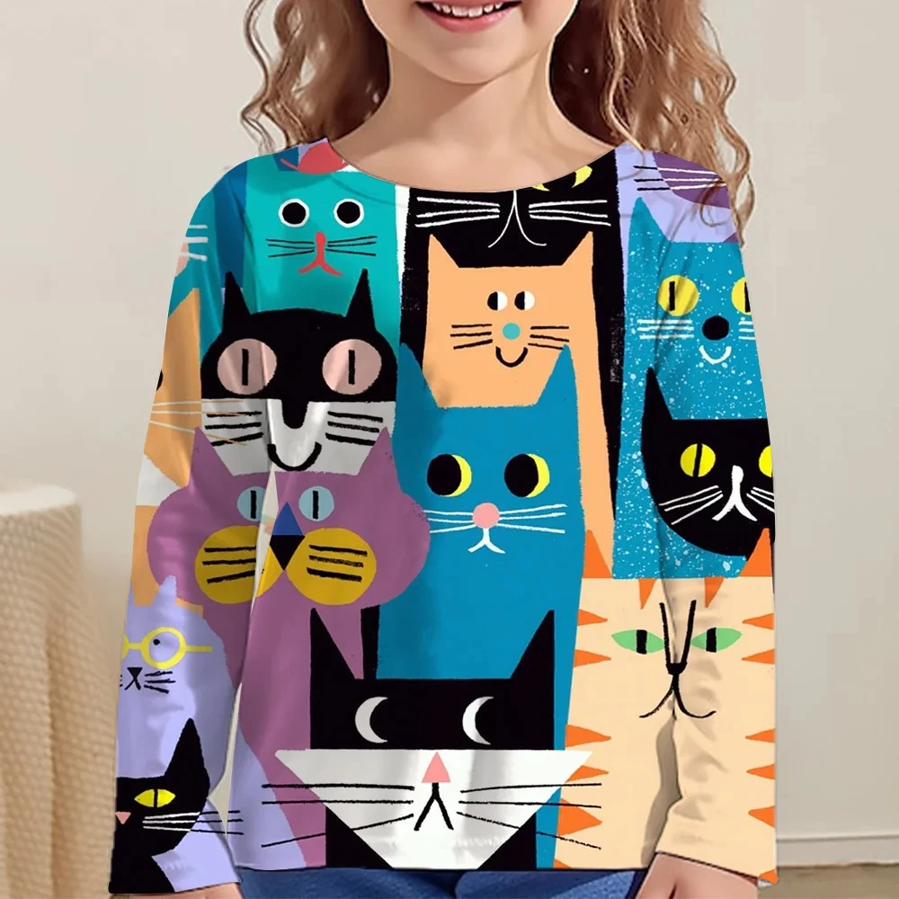 Girl Clothes Girl T-Shirt Kawail Animals Cats Print Long Sleeve Kids Autumn Clothes Fashion Casual Boy Girl Cute Round Neck Tops