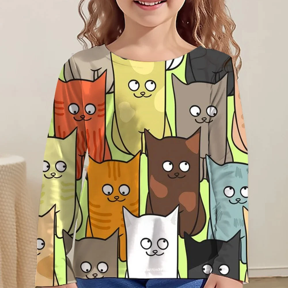 Girl Clothes Girl T-Shirt Kawail Animals Cats Print Long Sleeve Kids Autumn Clothes Fashion Casual Boy Girl Cute Round Neck Tops