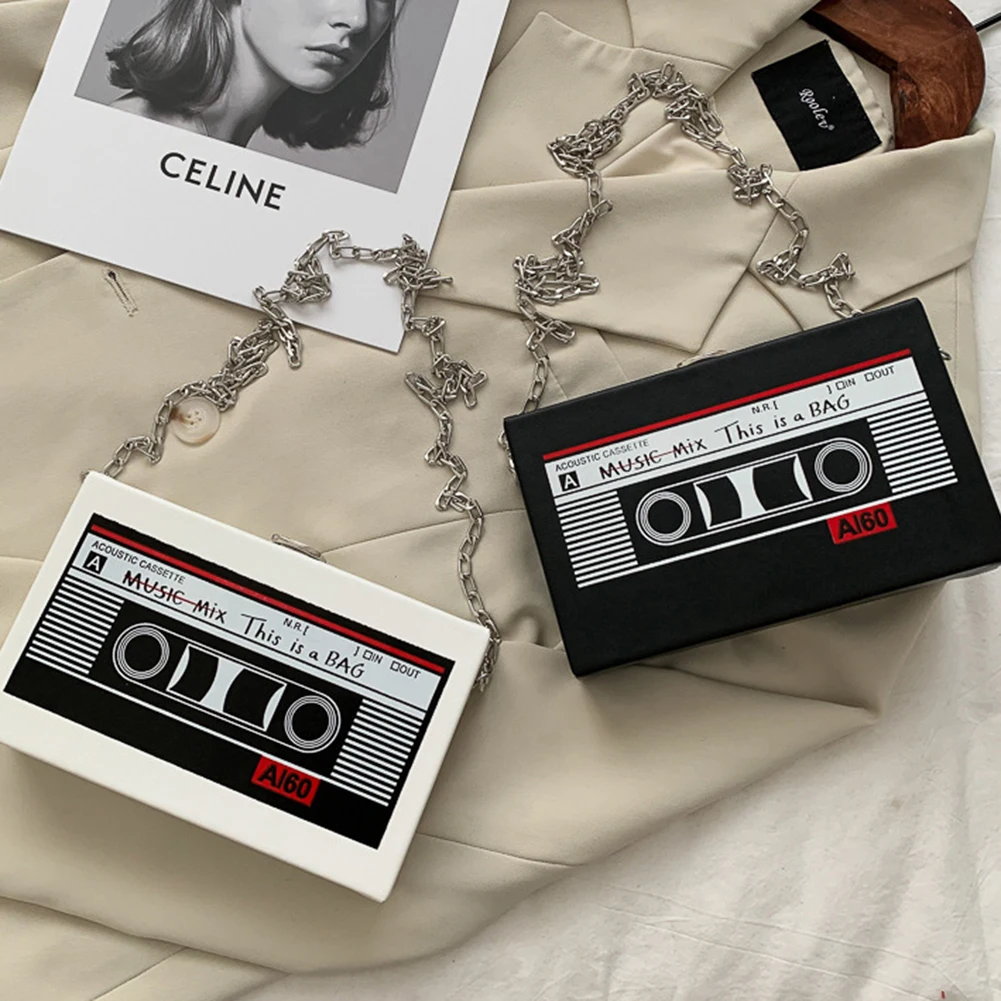 Women Cute Sling Bag Radio Shape Mini Chain Purse PU Leather Tape Recorder Print Ladies Daily Commute Bag