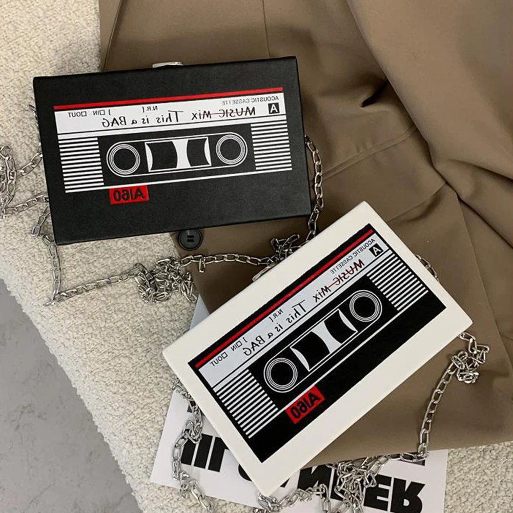 Women Cute Sling Bag Radio Shape Mini Chain Purse PU Leather Tape Recorder Print Ladies Daily Commute Bag