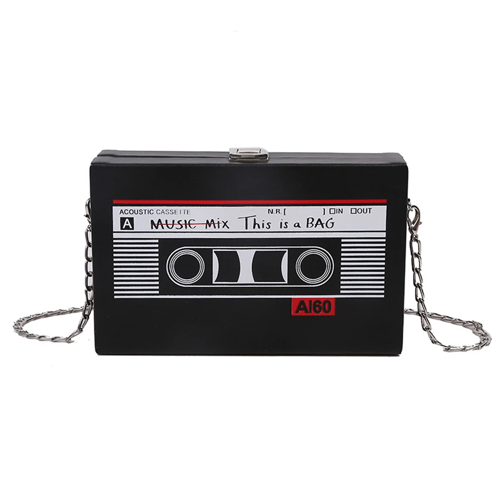 Women Cute Sling Bag Radio Shape Mini Chain Purse PU Leather Tape Recorder Print Ladies Daily Commute Bag
