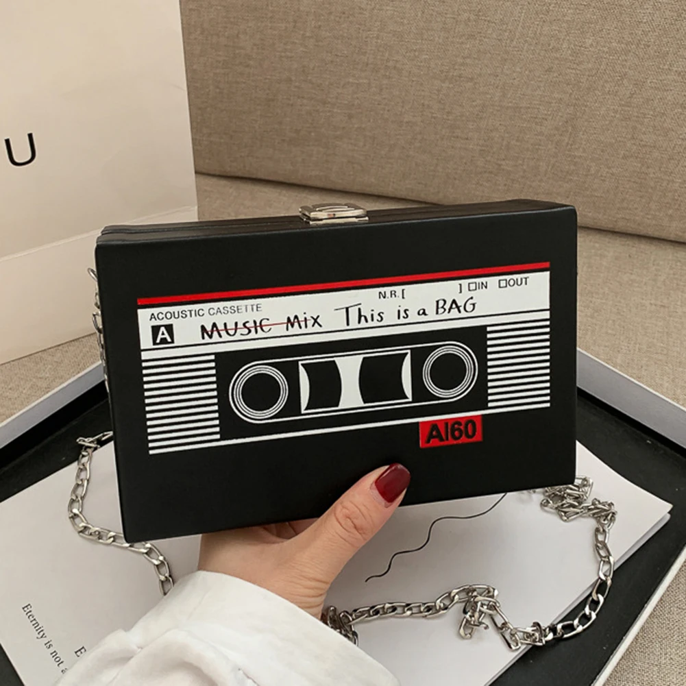 Women Cute Sling Bag Radio Shape Mini Chain Purse PU Leather Tape Recorder Print Ladies Daily Commute Bag