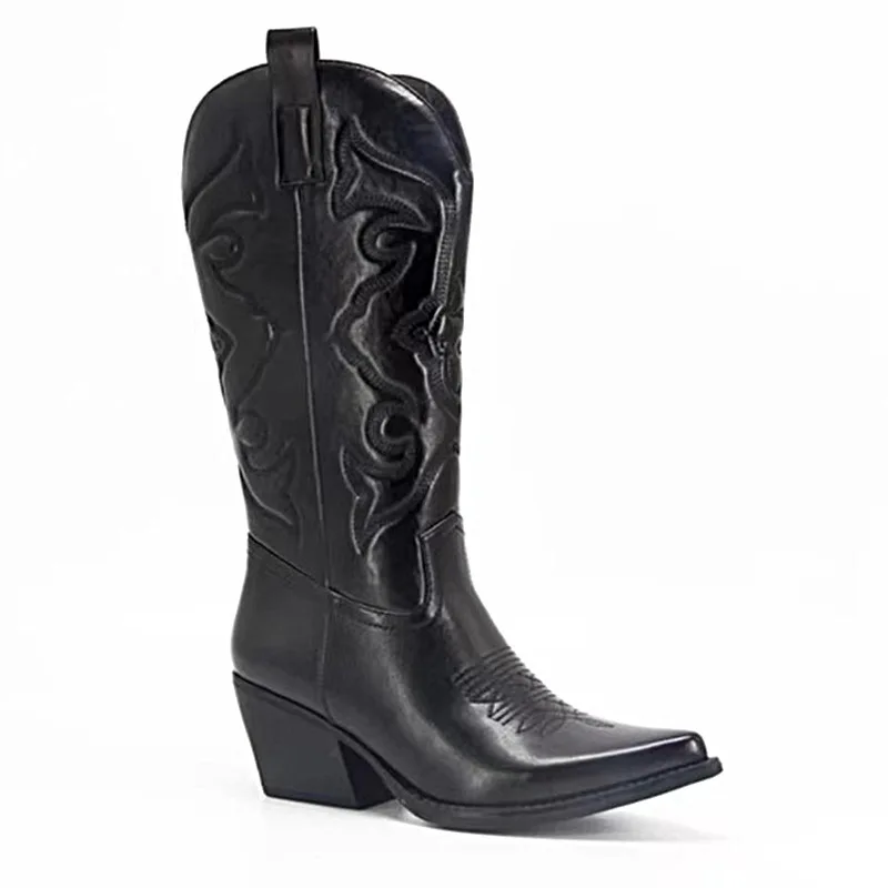 Gold Mid-calf Boots Woman Side Zipper Silver Pointed Western Cowboy Boots Retro Fashion Black Boots Plus Size 36-43 Women Boots