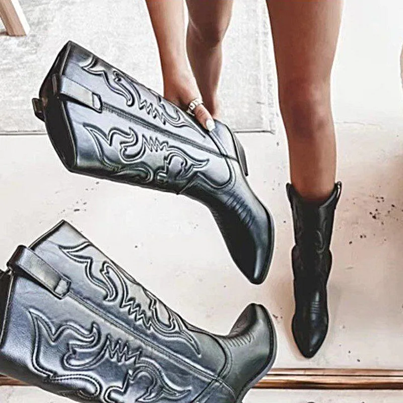 Gold Mid-calf Boots Woman Side Zipper Silver Pointed Western Cowboy Boots Retro Fashion Black Boots Plus Size 36-43 Women Boots