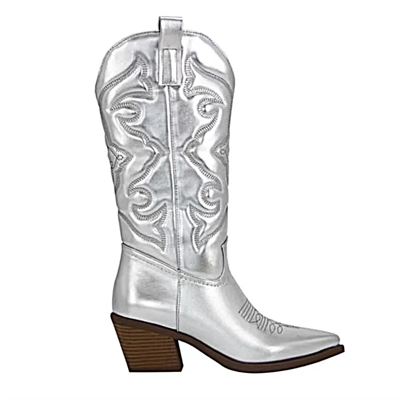 Gold Mid-calf Boots Woman Side Zipper Silver Pointed Western Cowboy Boots Retro Fashion Black Boots Plus Size 36-43 Women Boots