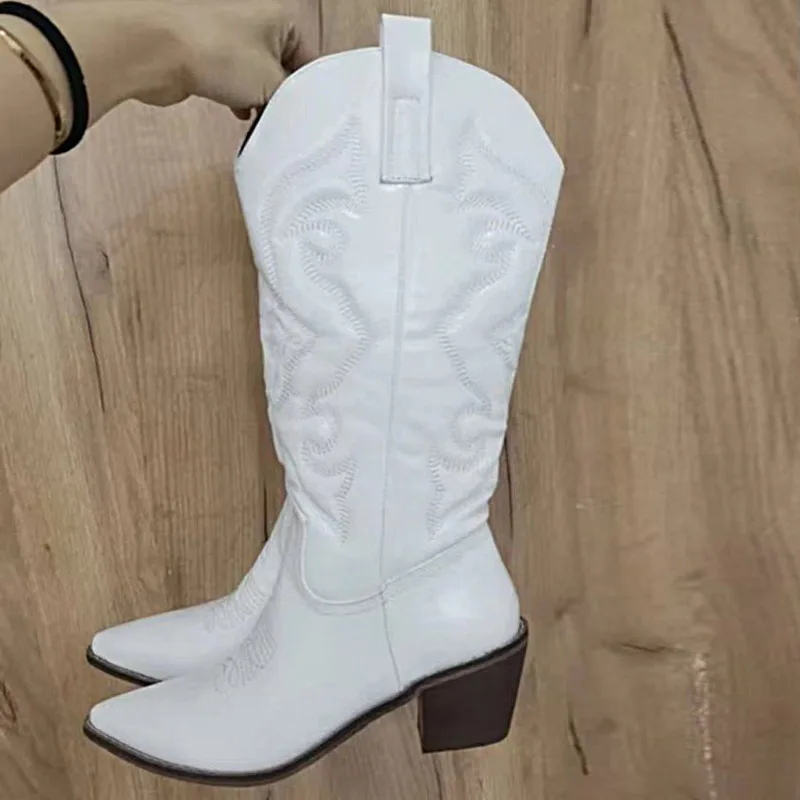 Gold Mid-calf Boots Woman Side Zipper Silver Pointed Western Cowboy Boots Retro Fashion Black Boots Plus Size 36-43 Women Boots