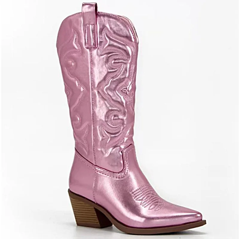 Gold Mid-calf Boots Woman Side Zipper Silver Pointed Western Cowboy Boots Retro Fashion Black Boots Plus Size 36-43 Women Boots