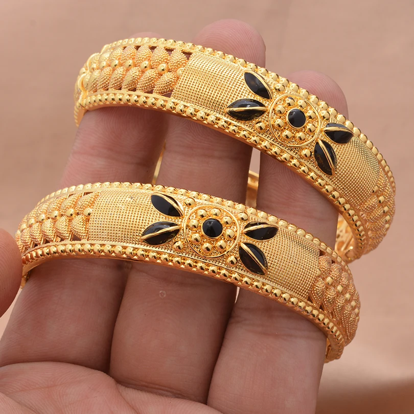2pcs 24K Gold Color Bangles Arabic Ethiopian Nigerian Banquet Wedding Bracelets Party Choker Copper Jewelry Gifts