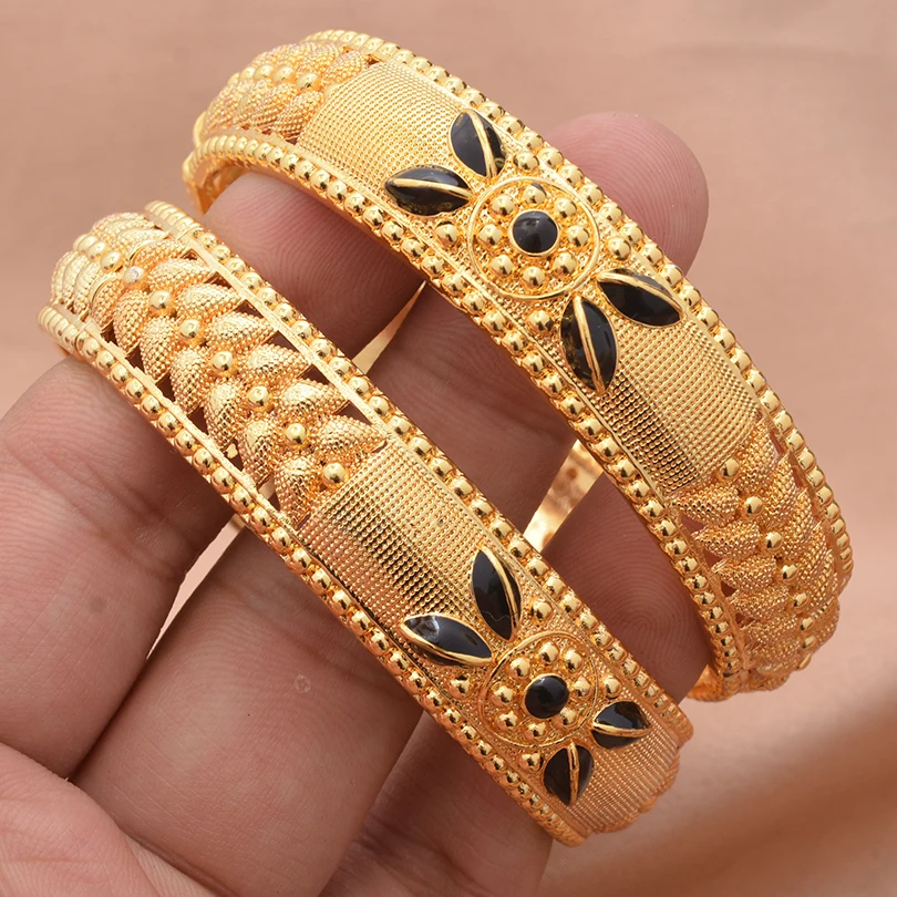 2pcs 24K Gold Color Bangles Arabic Ethiopian Nigerian Banquet Wedding Bracelets Party Choker Copper Jewelry Gifts