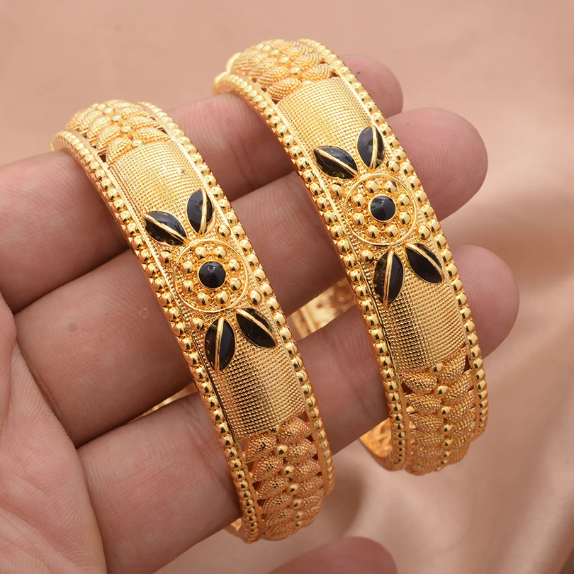 2pcs 24K Gold Color Bangles Arabic Ethiopian Nigerian Banquet Wedding Bracelets Party Choker Copper Jewelry Gifts