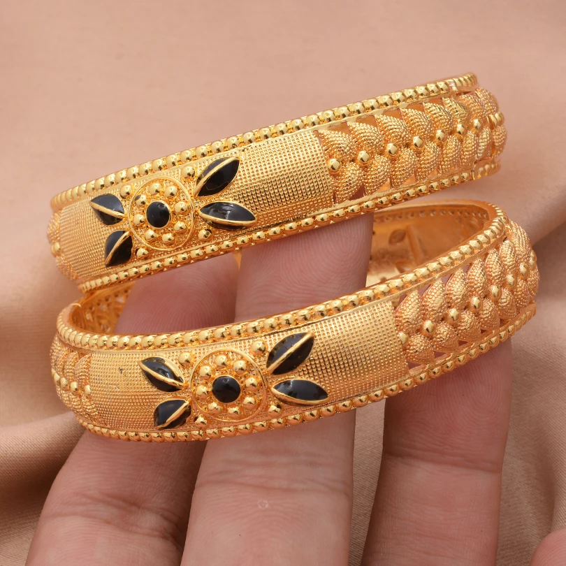 2pcs 24K Gold Color Bangles Arabic Ethiopian Nigerian Banquet Wedding Bracelets Party Choker Copper Jewelry Gifts