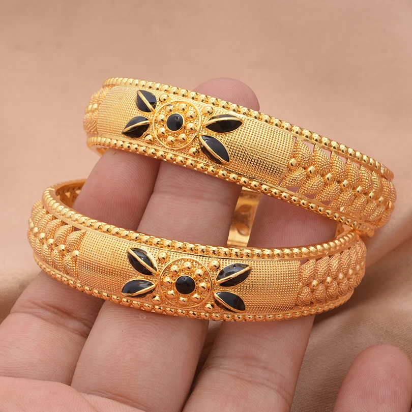 2pcs 24K Gold Color Bangles Arabic Ethiopian Nigerian Banquet Wedding Bracelets Party Choker Copper Jewelry Gifts