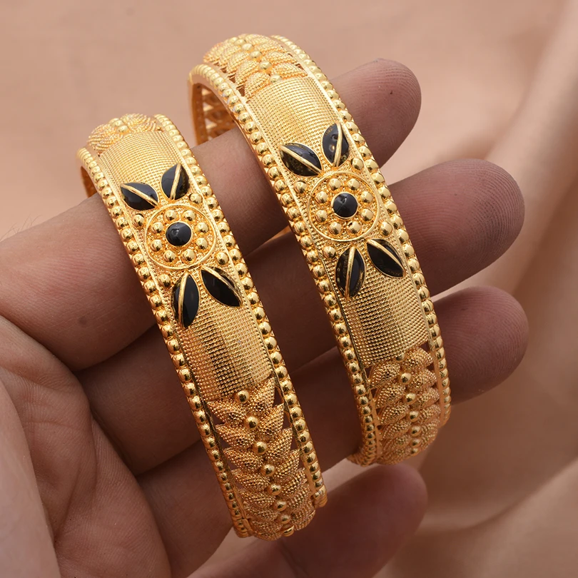 2pcs 24K Gold Color Bangles Arabic Ethiopian Nigerian Banquet Wedding Bracelets Party Choker Copper Jewelry Gifts