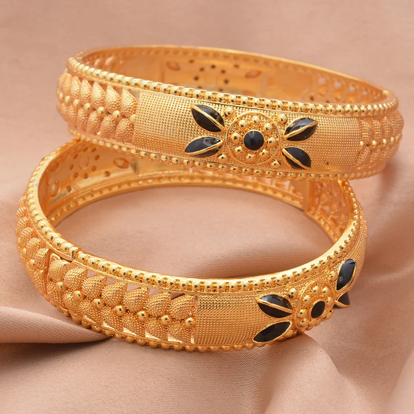 2pcs 24K Gold Color Bangles Arabic Ethiopian Nigerian Banquet Wedding Bracelets Party Choker Copper Jewelry Gifts