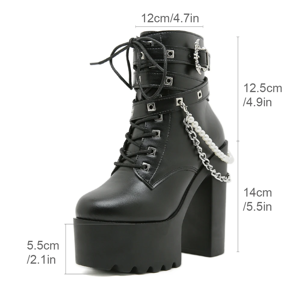 Gdgydh Women's PU Leather High Heel Platform Ankle Boots Fashion Chain Stylish Gothic Punk Lace-Up Chunky Heel Booties with Zip