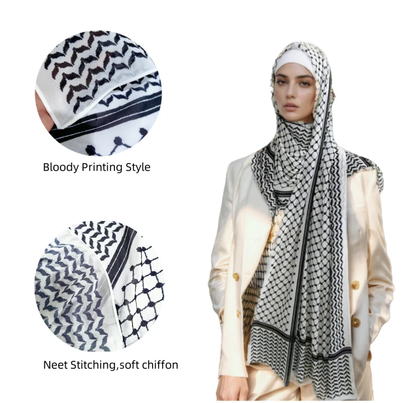 11 Color Muslim Keffiyeh Hijab Chiffon Print Shawl Kufiyya Saudi Fashion Lady Soft Headwraps Geometric Style Arab Kaffiyeh Scarf