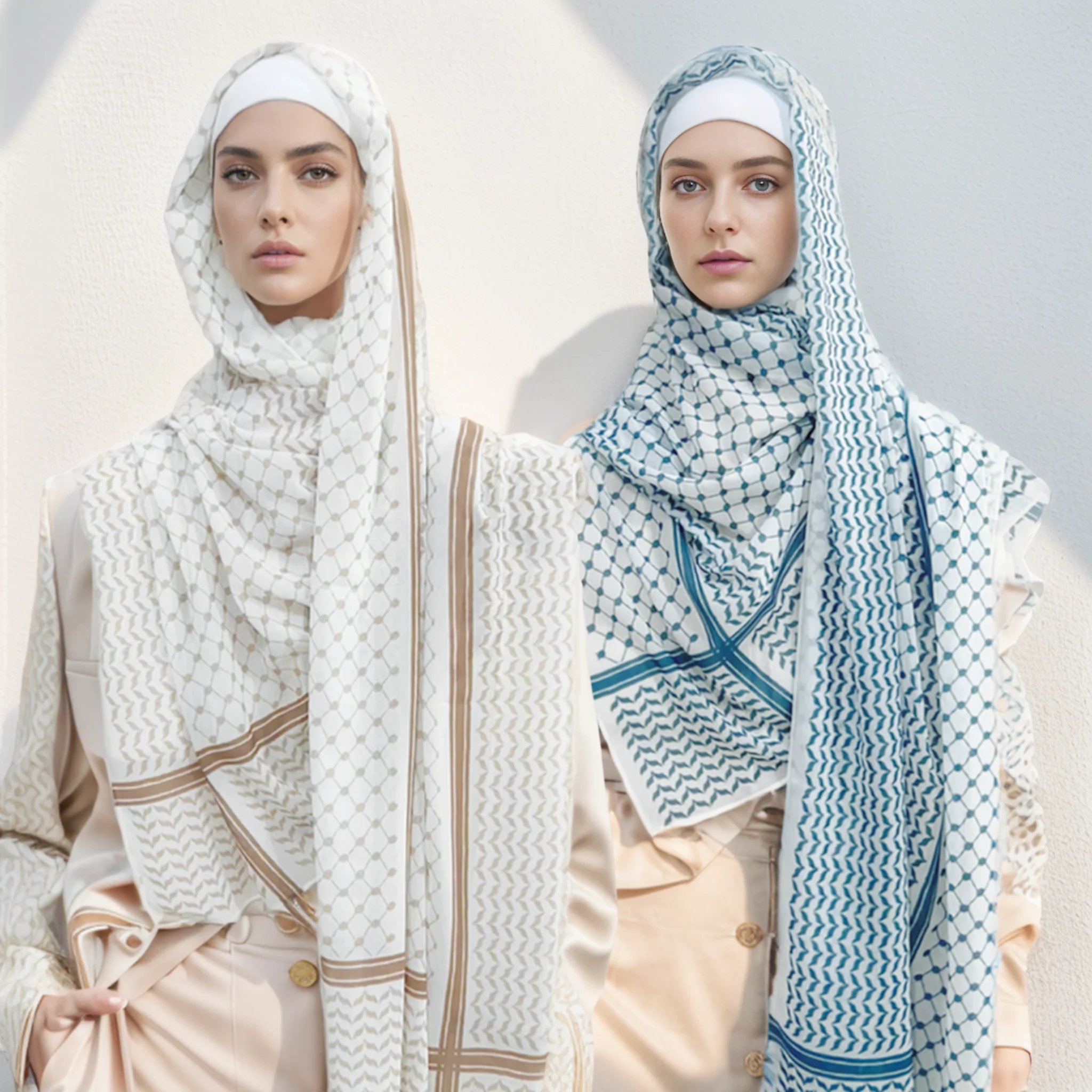 11 Color Muslim Keffiyeh Hijab Chiffon Print Shawl Kufiyya Saudi Fashion Lady Soft Headwraps Geometric Style Arab Kaffiyeh Scarf