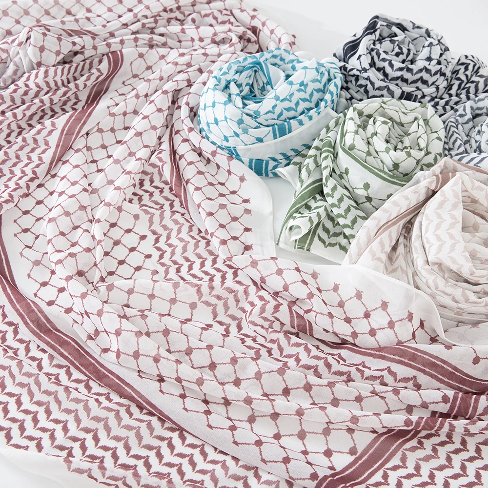 11 Color Muslim Keffiyeh Hijab Chiffon Print Shawl Kufiyya Saudi Fashion Lady Soft Headwraps Geometric Style Arab Kaffiyeh Scarf