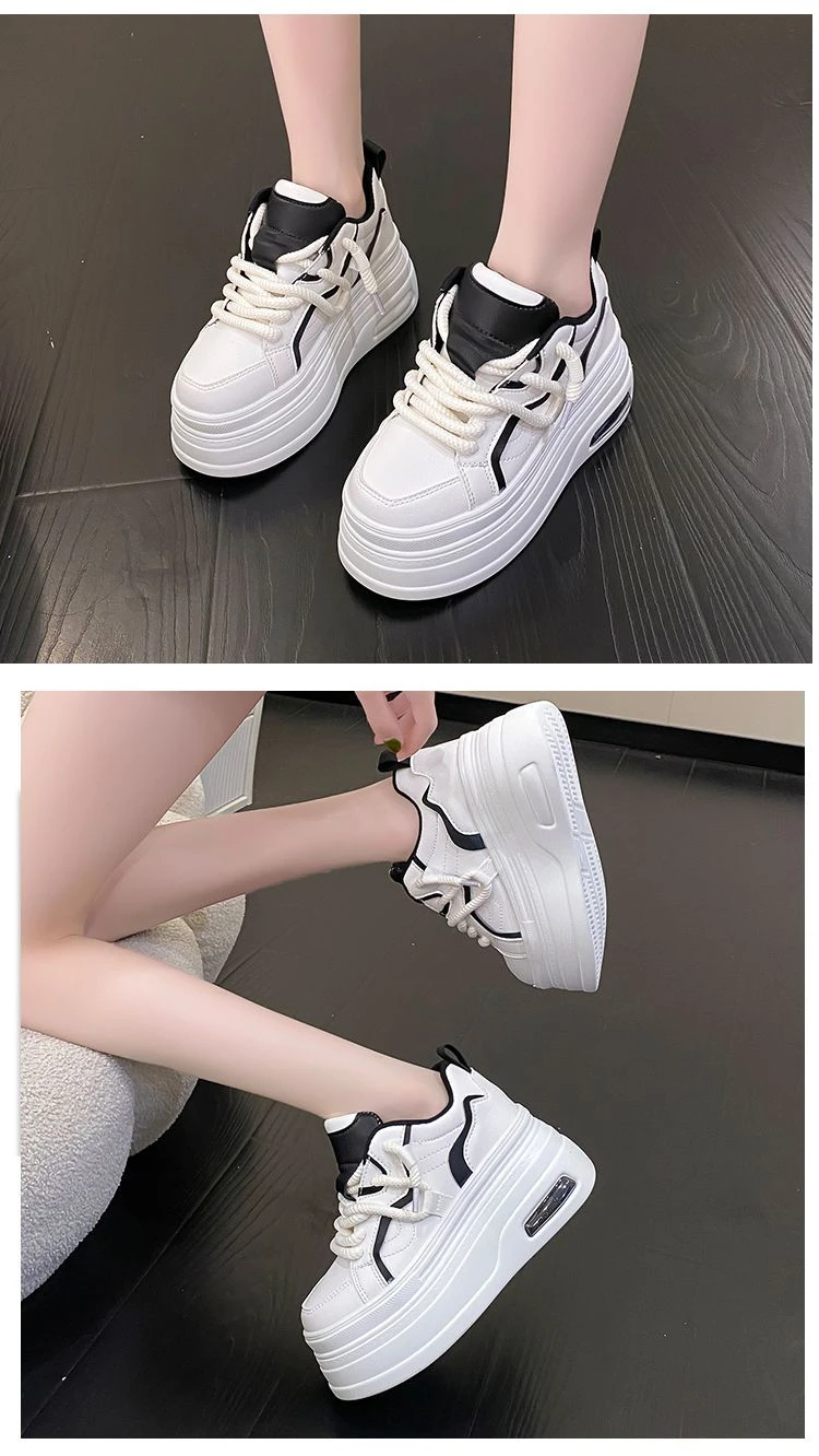 Fashion Platform Sneakers Women Spring Autumn Comfort Round Toe Lace-up 8CM Thick Bottom Black White Casual Sport Shoes