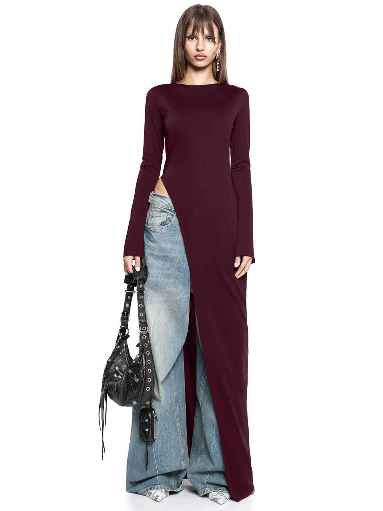 Dulzura Long Sleeves Side High Slit Maxi Dress Solid Sexy Long Dress Women’S Party Club Streetwear Autumn Winter Outfit