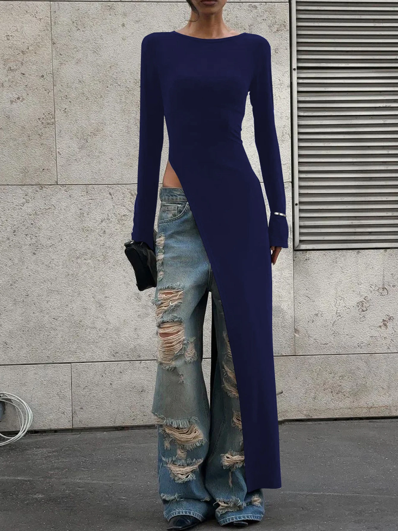 Dulzura Long Sleeves Side High Slit Maxi Dress Solid Sexy Long Dress Women’S Party Club Streetwear Autumn Winter Outfit