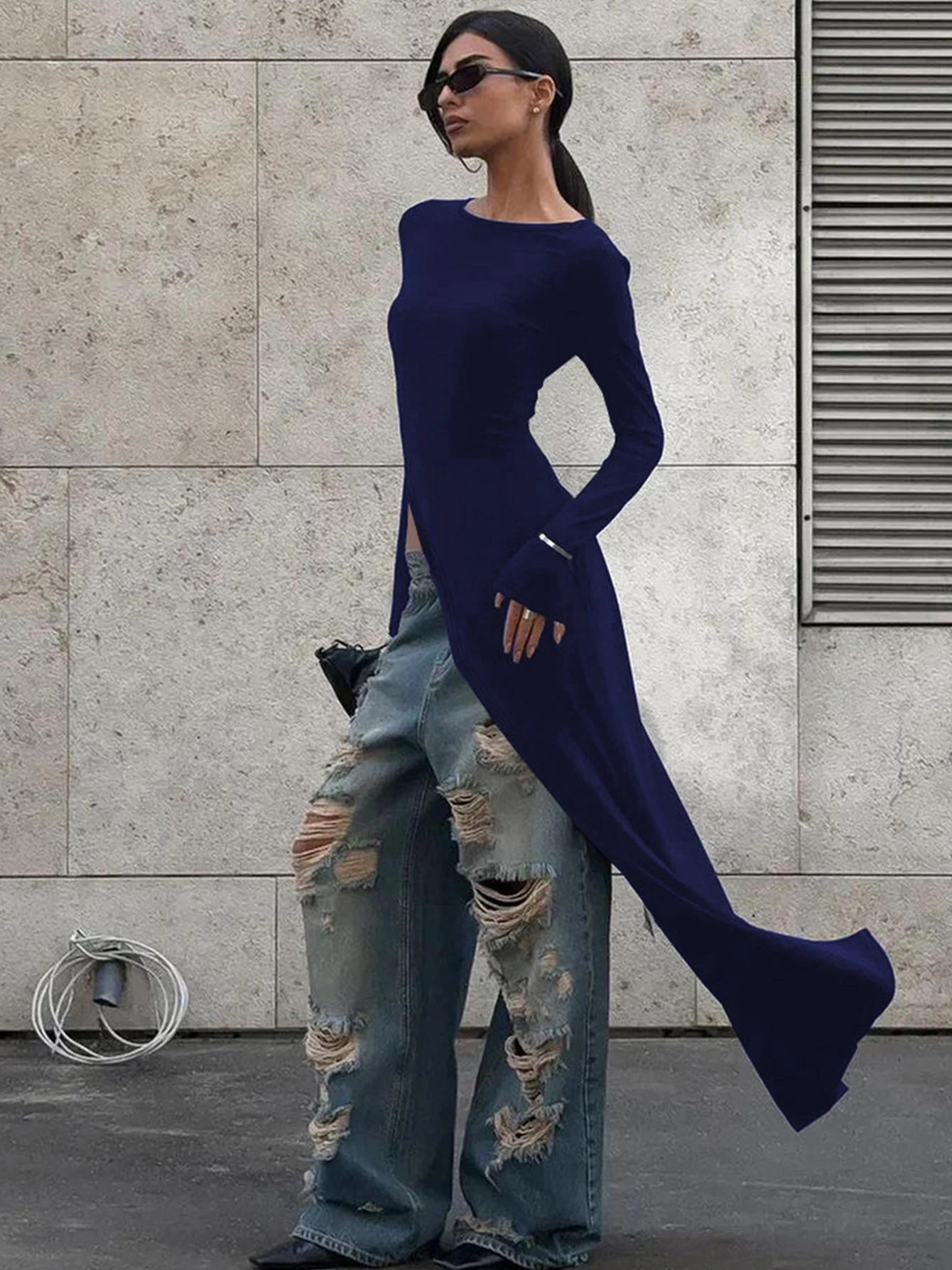 Dulzura Long Sleeves Side High Slit Maxi Dress Solid Sexy Long Dress Women’S Party Club Streetwear Autumn Winter Outfit