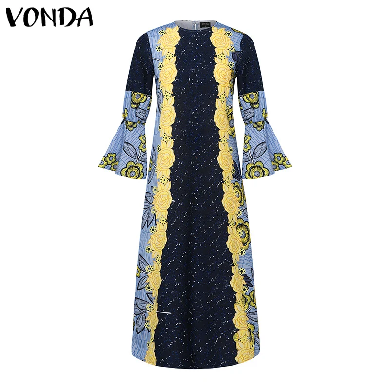 2024 VONDA Bohemian Ruffles Maxi Dresses Women Casual Flared Long Sleeve Vestidos Round Neck Loose Print Sundress Pleated Robes