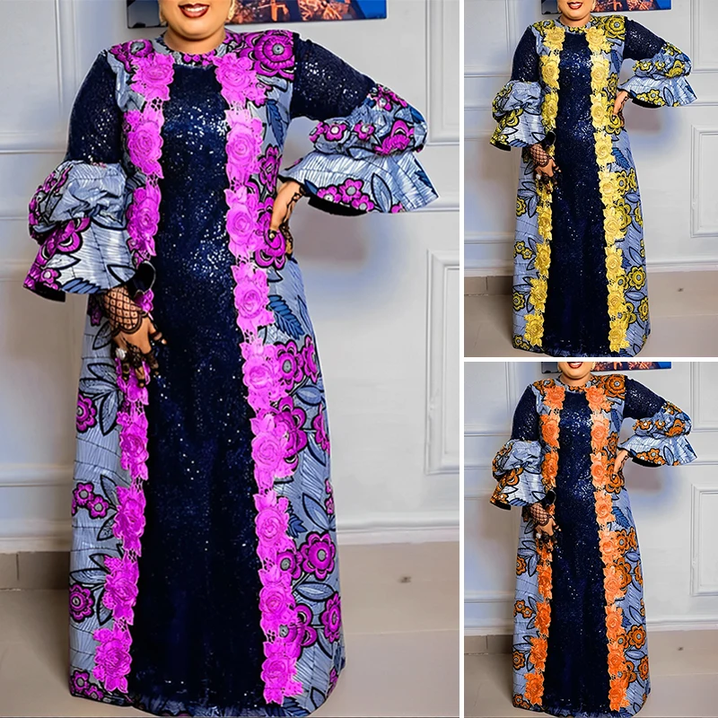 2024 VONDA Bohemian Ruffles Maxi Dresses Women Casual Flared Long Sleeve Vestidos Round Neck Loose Print Sundress Pleated Robes
