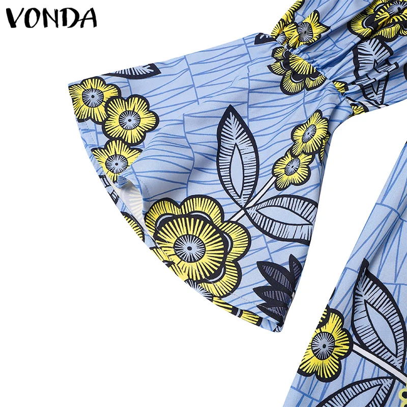 2024 VONDA Bohemian Ruffles Maxi Dresses Women Casual Flared Long Sleeve Vestidos Round Neck Loose Print Sundress Pleated Robes