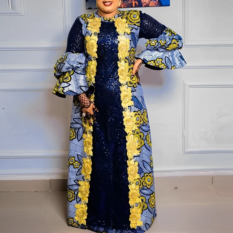 2024 VONDA Bohemian Ruffles Maxi Dresses Women Casual Flared Long Sleeve Vestidos Round Neck Loose Print Sundress Pleated Robes