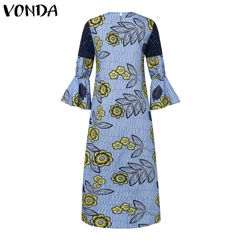 2024 VONDA Bohemian Ruffles Maxi Dresses Women Casual Flared Long Sleeve Vestidos Round Neck Loose Print Sundress Pleated Robes