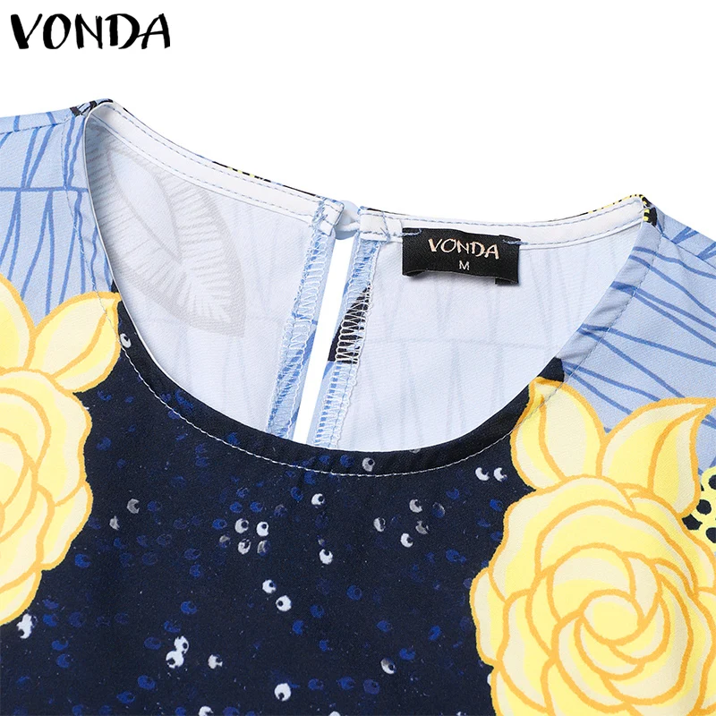 2024 VONDA Bohemian Ruffles Maxi Dresses Women Casual Flared Long Sleeve Vestidos Round Neck Loose Print Sundress Pleated Robes