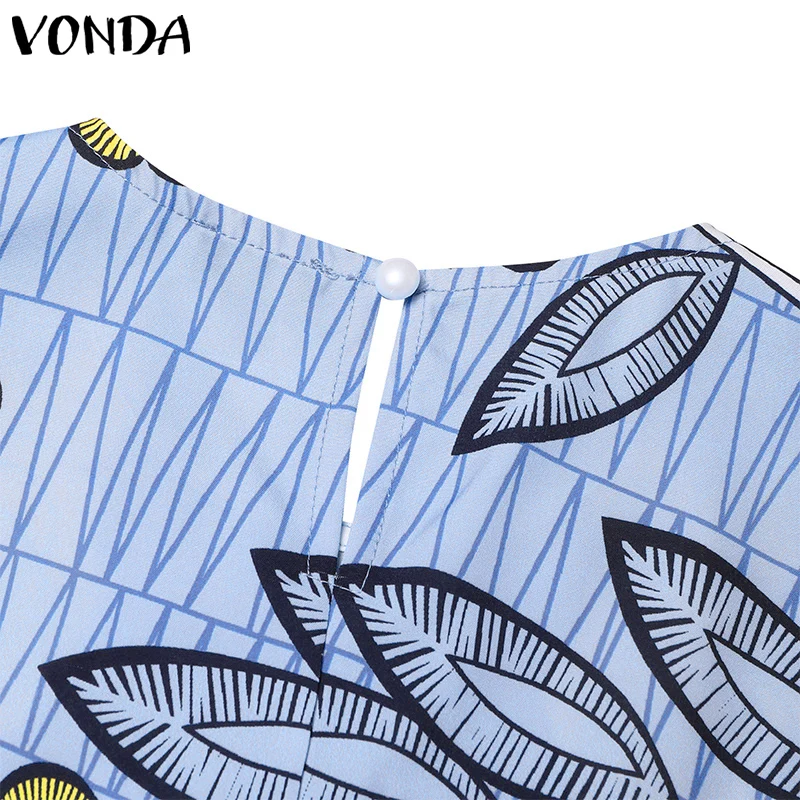 2024 VONDA Bohemian Ruffles Maxi Dresses Women Casual Flared Long Sleeve Vestidos Round Neck Loose Print Sundress Pleated Robes