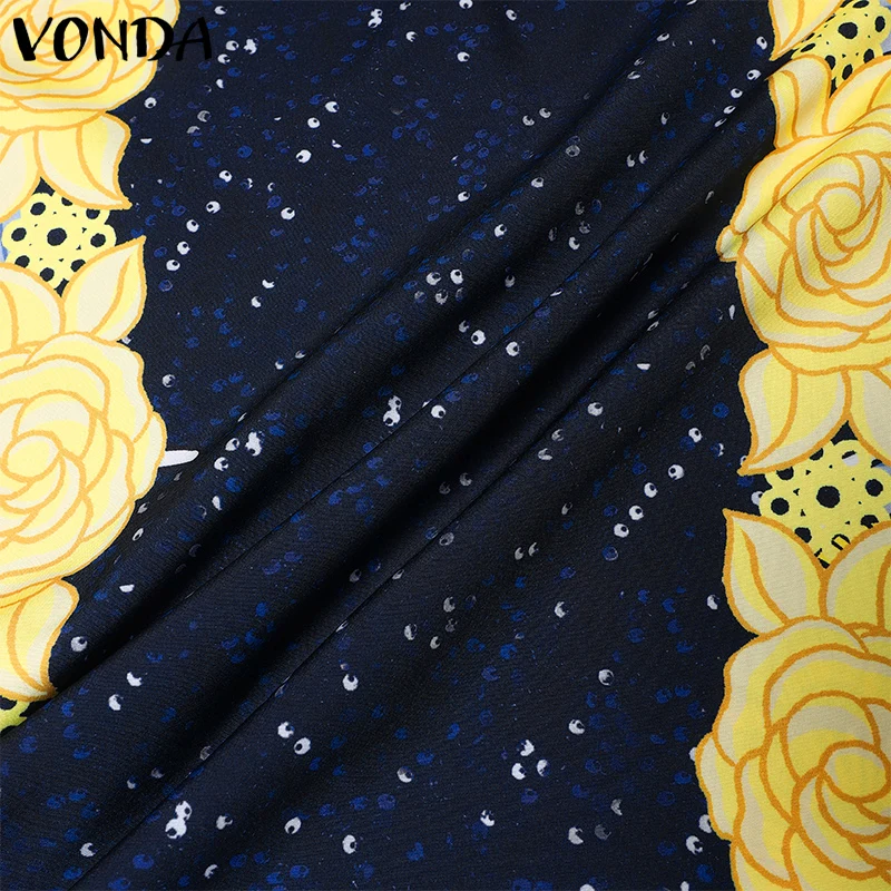 2024 VONDA Bohemian Ruffles Maxi Dresses Women Casual Flared Long Sleeve Vestidos Round Neck Loose Print Sundress Pleated Robes
