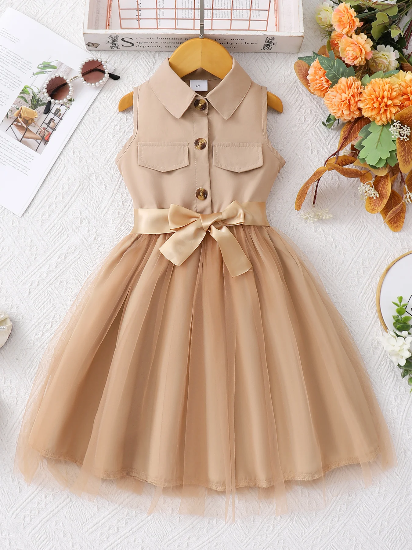 Girls' fashion dress, net color sleeveless lapel mesh dress with woven waistband