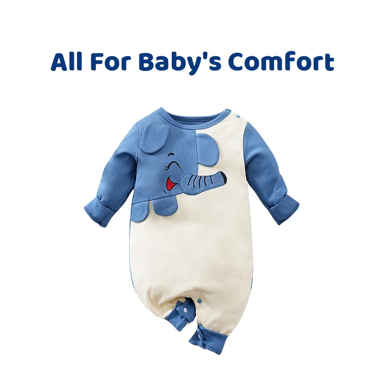Newborn Baby Boy Autumn Jumpsuit With Embroidered Elephant Ears Long Sleeved Round Neck Jumpsuit Casual Baby Cotton Clothing