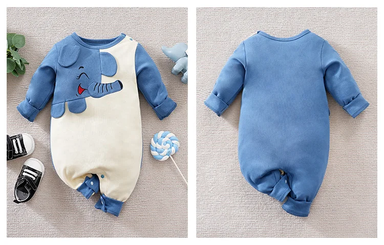 Newborn Baby Boy Autumn Jumpsuit With Embroidered Elephant Ears Long Sleeved Round Neck Jumpsuit Casual Baby Cotton Clothing