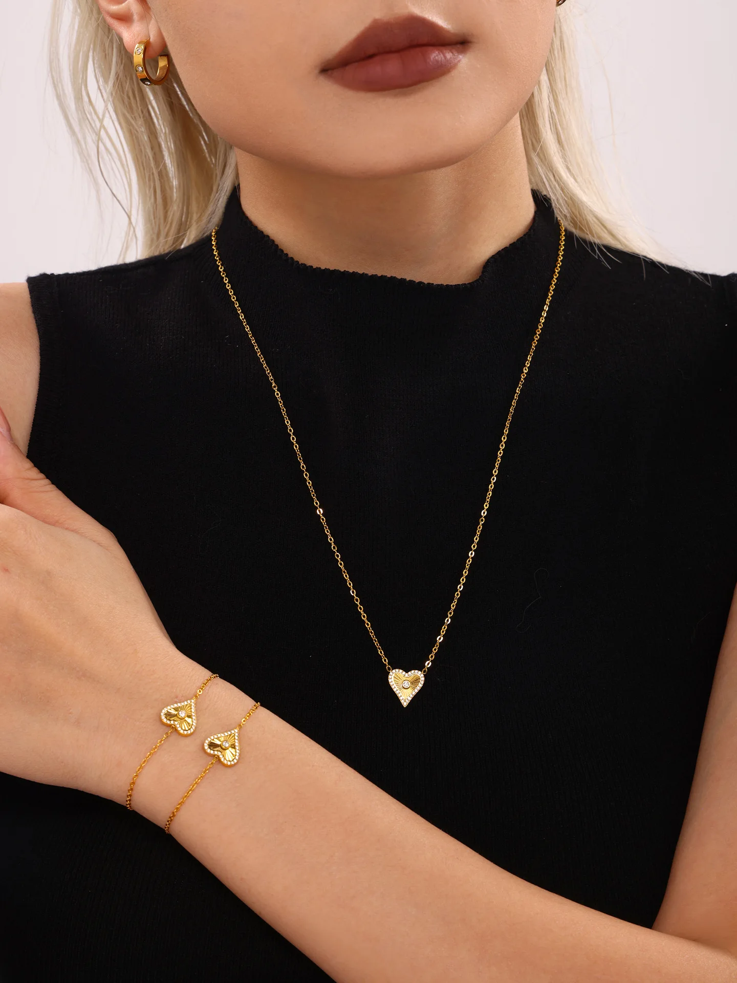 Vintage Heart Pendant Necklace Bracelet For Women Zircon Waterproof Stainless Steel Chain Banquet Daily Jewelry Gift