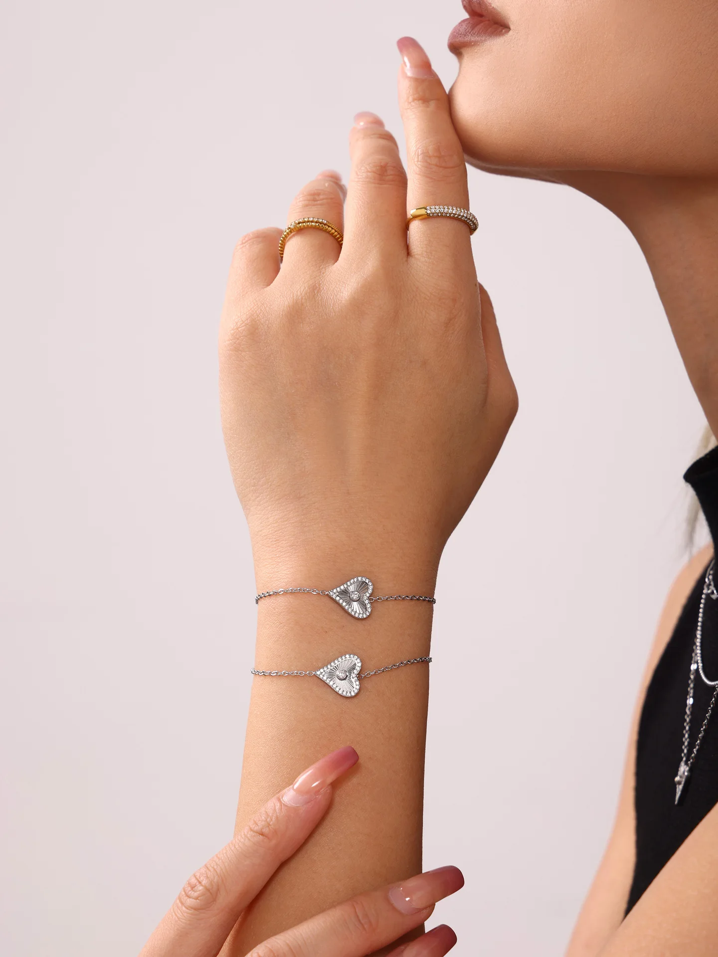 Vintage Heart Pendant Necklace Bracelet For Women Zircon Waterproof Stainless Steel Chain Banquet Daily Jewelry Gift