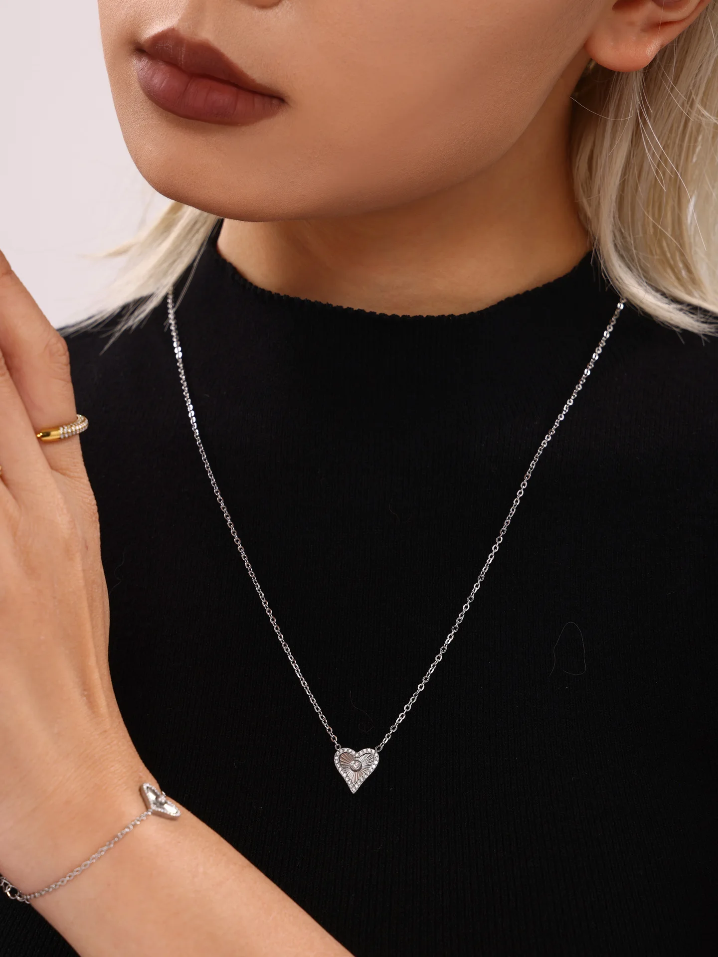 Vintage Heart Pendant Necklace Bracelet For Women Zircon Waterproof Stainless Steel Chain Banquet Daily Jewelry Gift