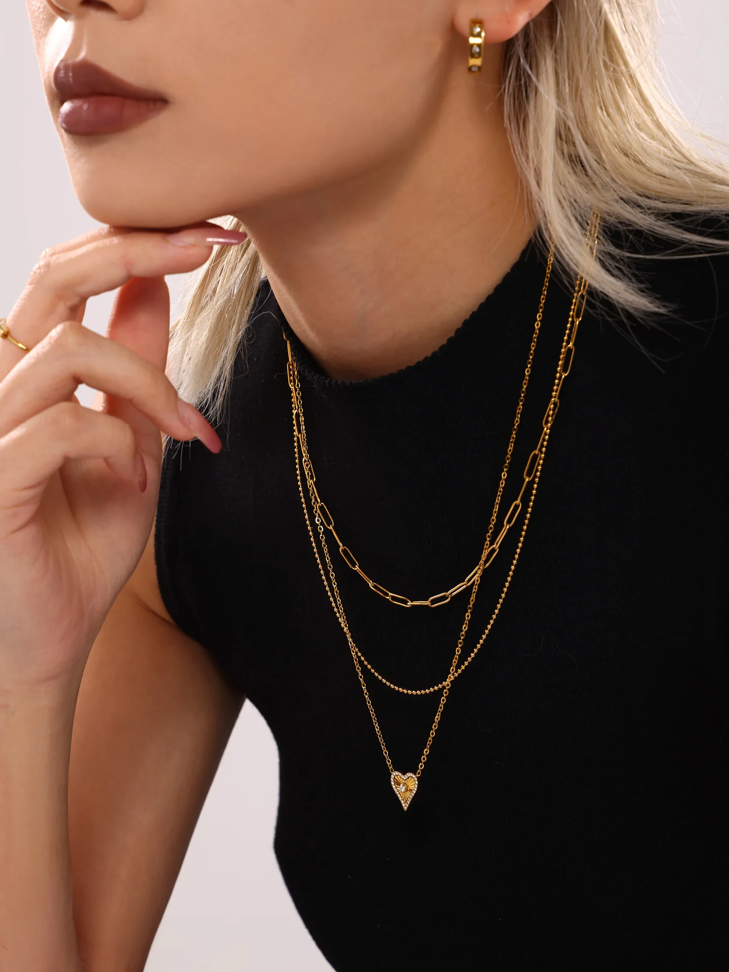 Vintage Heart Pendant Necklace Bracelet For Women Zircon Waterproof Stainless Steel Chain Banquet Daily Jewelry Gift