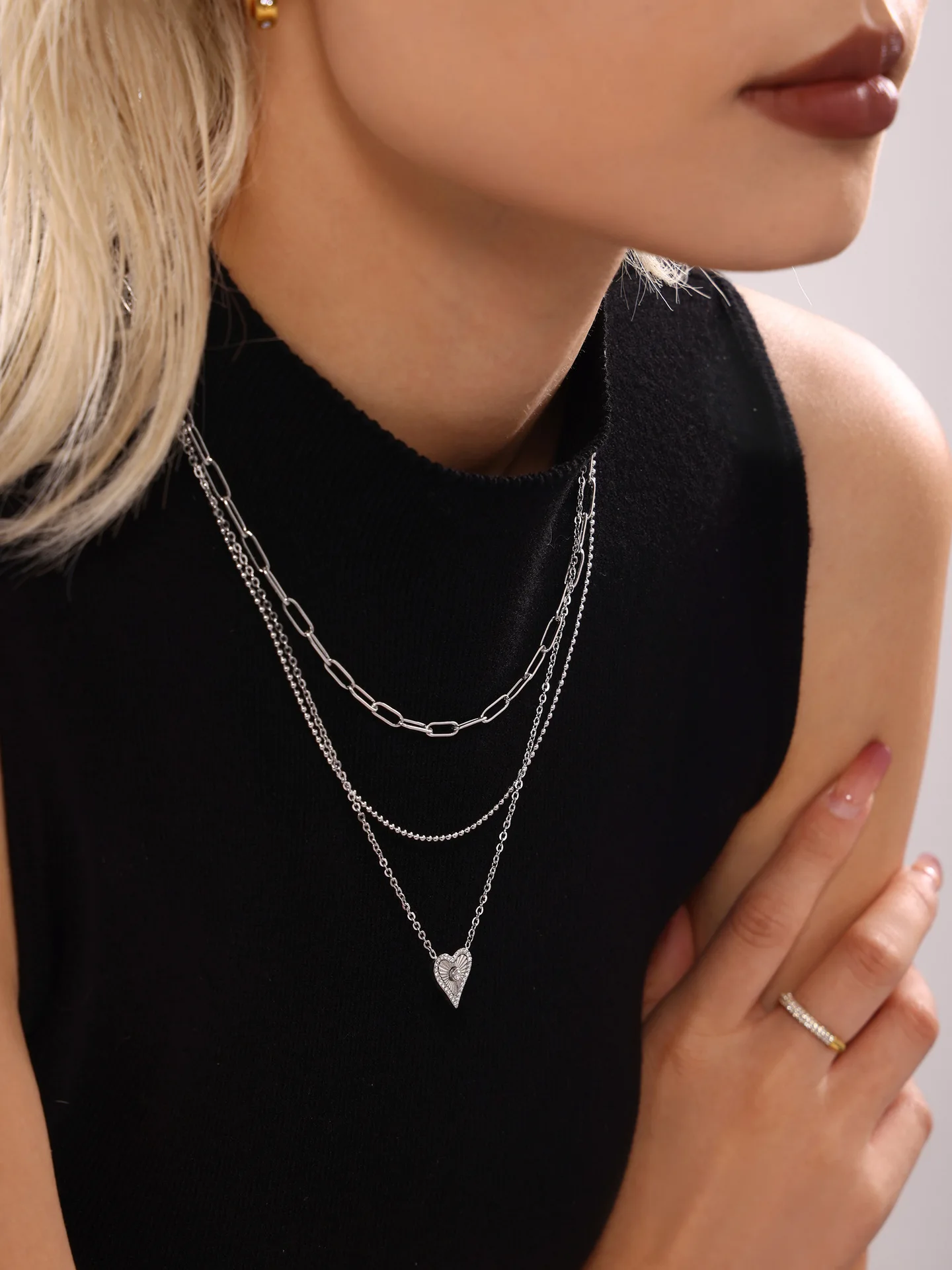 Vintage Heart Pendant Necklace Bracelet For Women Zircon Waterproof Stainless Steel Chain Banquet Daily Jewelry Gift