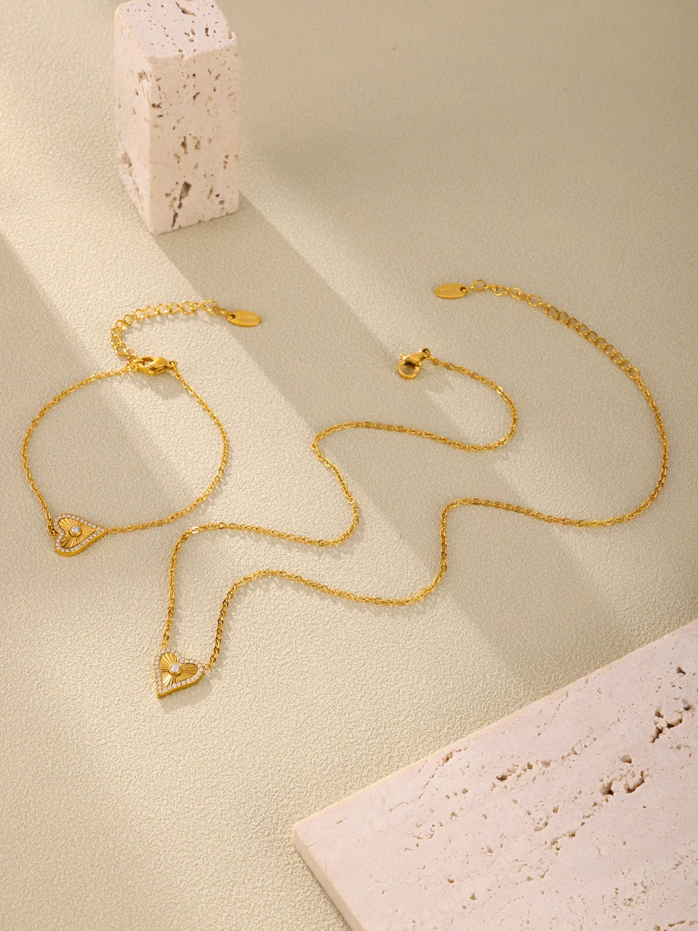 Vintage Heart Pendant Necklace Bracelet For Women Zircon Waterproof Stainless Steel Chain Banquet Daily Jewelry Gift