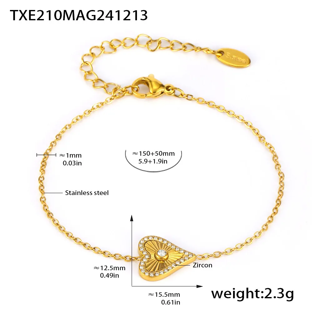 Vintage Heart Pendant Necklace Bracelet For Women Zircon Waterproof Stainless Steel Chain Banquet Daily Jewelry Gift