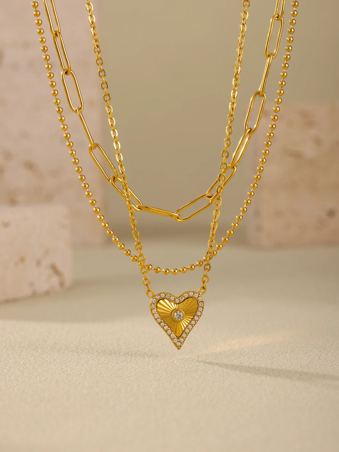 Vintage Heart Pendant Necklace Bracelet For Women Zircon Waterproof Stainless Steel Chain Banquet Daily Jewelry Gift