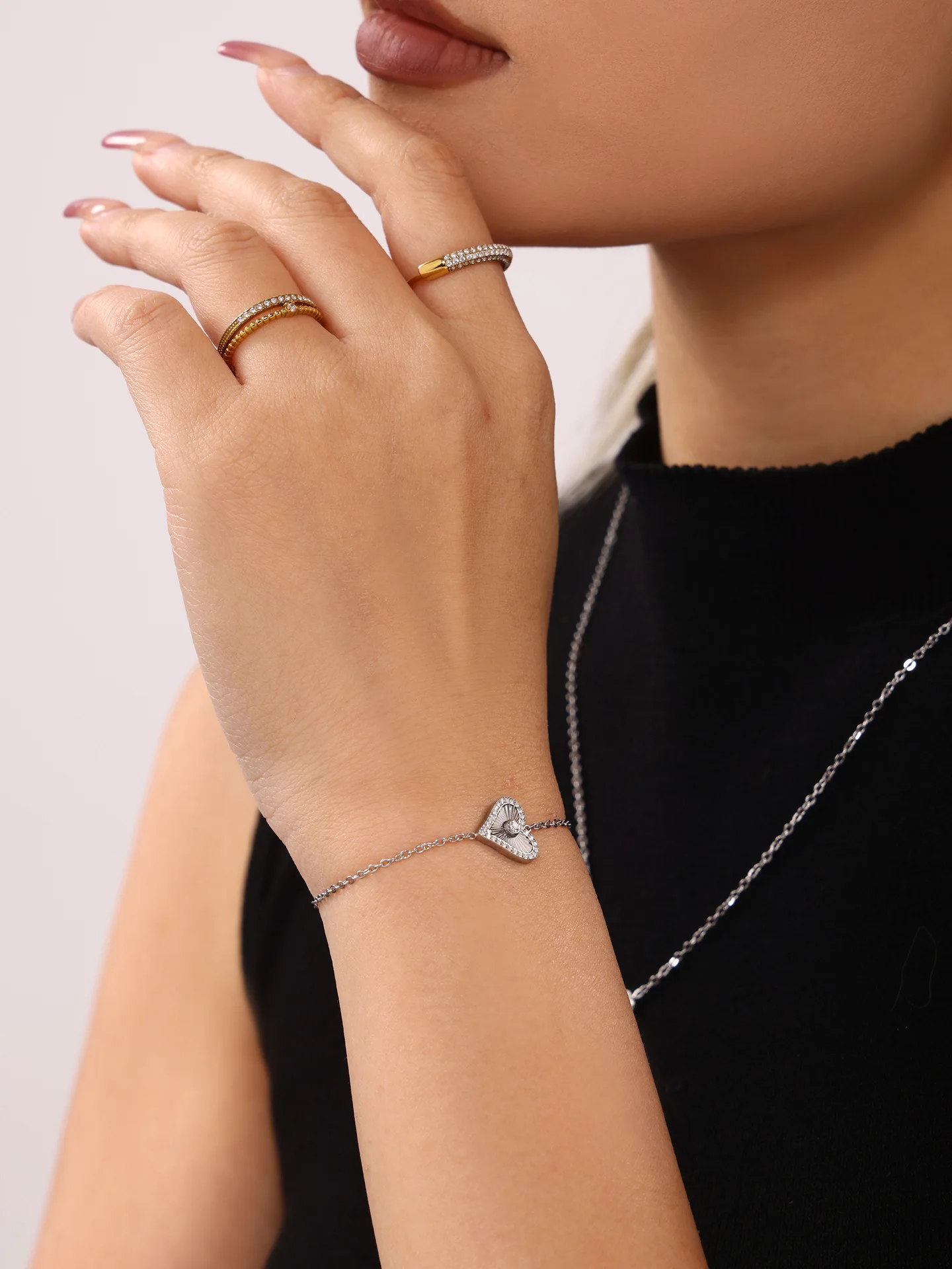 Vintage Heart Pendant Necklace Bracelet For Women Zircon Waterproof Stainless Steel Chain Banquet Daily Jewelry Gift