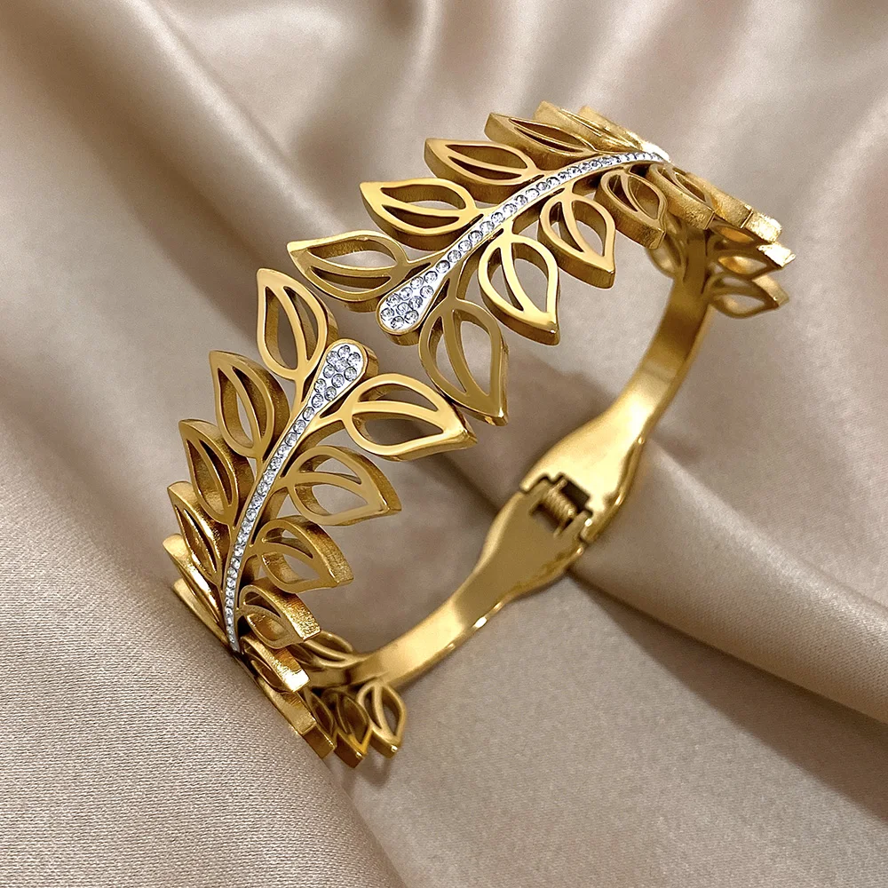 Exaggerated Rhinestone Leaves Stainless Steel Bangle Bracelet for Women Elegant Gold Silver Color Cuff Bracelets Jewelry Gifts